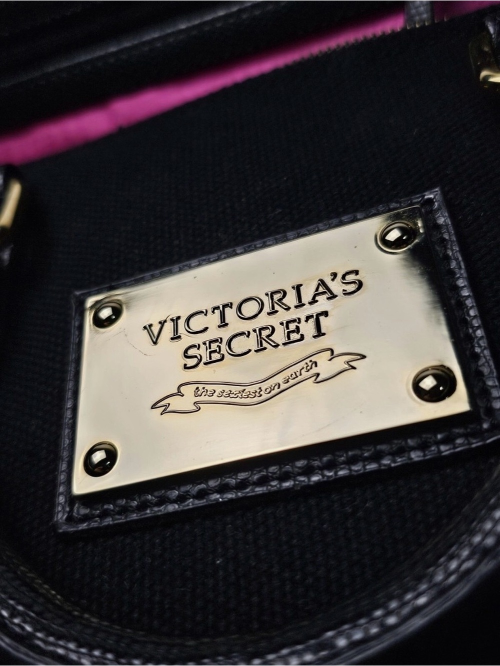 Victoria's Secret Black Tote with Gold Plaque and Pink Liner set of two bags